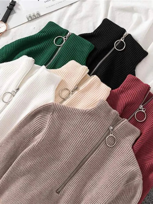 Women Fashion Solid Knitted Sweaters Vintage Long Sleeve Zip-up Basic Half Turtleneck Sweater Female Pullovers Chic Casual Tops