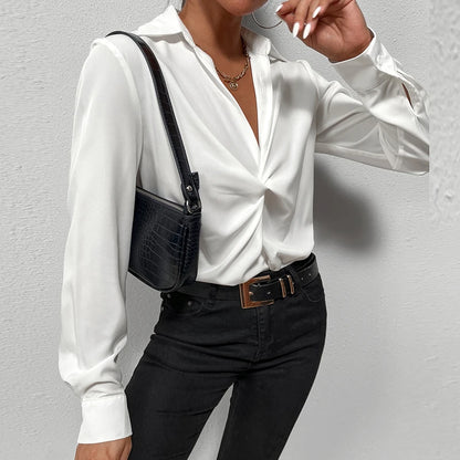 Autumn Lapel White Shirt Women Elegant Commuting Tops Fashion Casual V Neck Long Sleeve Blouses Blusas