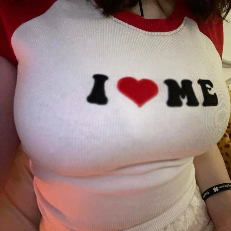 I LOVE ME Fashion Letter Korean Y2K Tee Sweet Crop Top 2024 Summer Women's Lace Neck Slim T-Shirt Hot Girl Short Sleeve Top