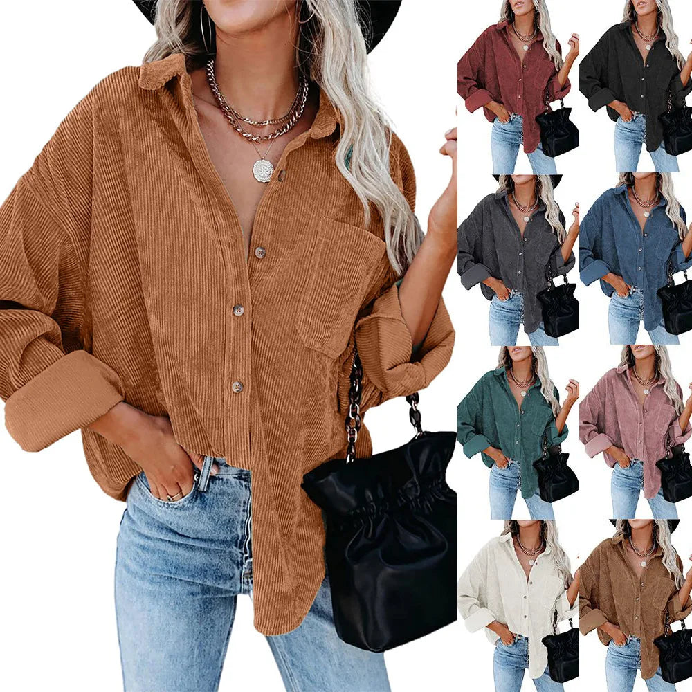 Spring Autumn Women Corduroy Shirt 2024 New Female Pocket Lapel Pure Color Blouses Women Long Sleeve Tops Casual Loose Overshirt