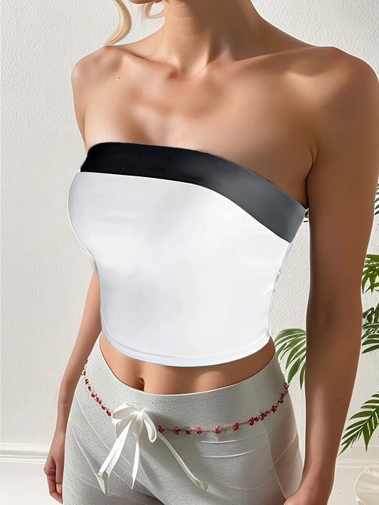 Color Block Crop Slim Tube Top Stylish Straight Neck Strapless Top For Summer Women's Clothing