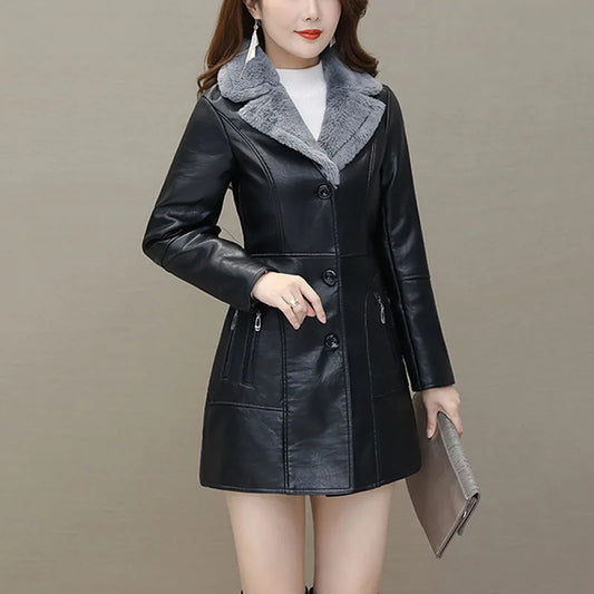 Leather Windbreaker Plus Velvet Coat - Thick PU Leather Long Coat