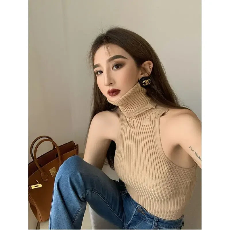 PTKPCC New Turtleneck Y2K Pullovers Tops Black Off Shoulder Tank Tops Women Knitted Tees Hot Skinny Round Neck Solid Cloth