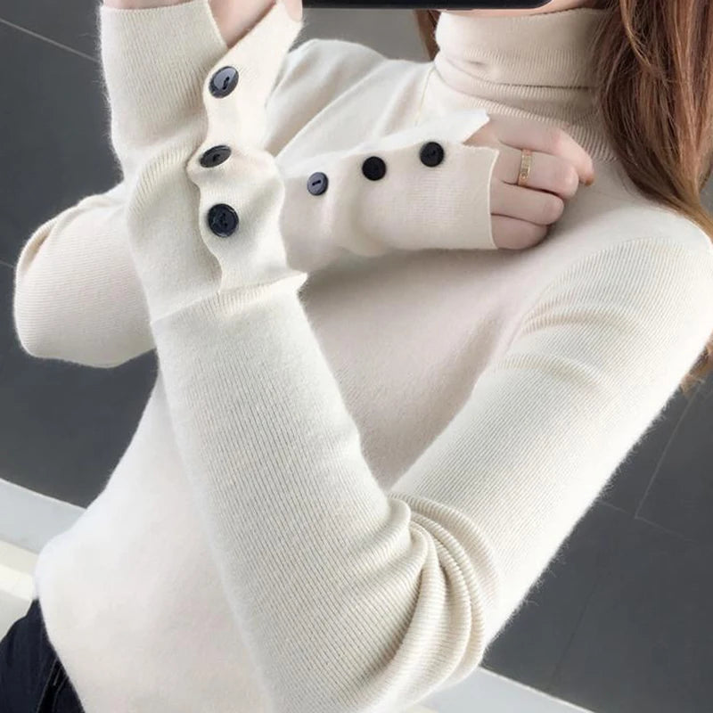 HELIAR Women Turtleneck Buttons Solid Warm Sweater Long Sleeve Knit Basic Pullover Slim Office Jumper For Women 2024 Fall Winter