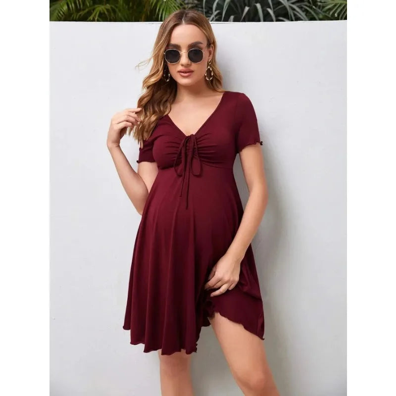 Solid Drawstring Dress - Summer Casual V-Neck Maternity