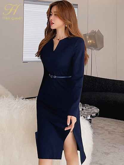 New V-Neck Split Vintage Dress - Chic Work Wear Bodycon