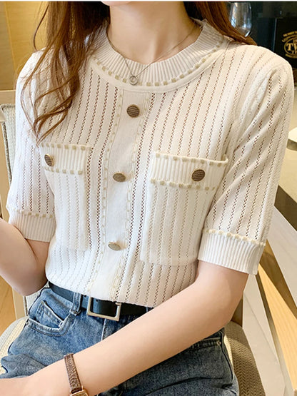 LJSXLS White Tshirt Women Summer 2024 Short Sleeve Top Ladies  Pockets Basic T Shirts Knitted Casual Clothes Tee Shirt Femme