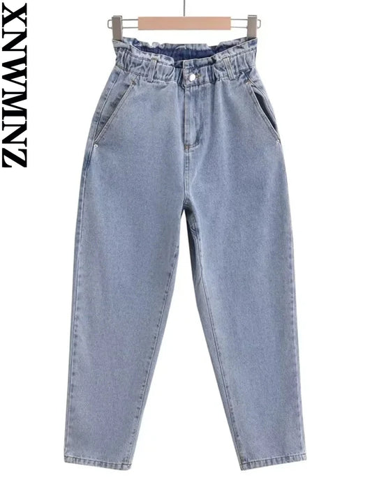 Xnwmnz Women's Baggy Paperbag High-Waist Jeans Elastic Waist Front