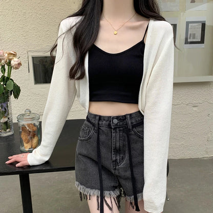 Summer Sunscreen Cardigan For Women Thin Knitted Knitwears Perspective Long Sleeve Tops Casual Black White Khaki Blue Short Coat