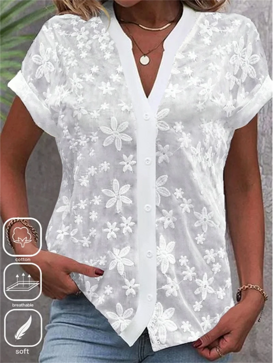 Cropped Shirt White Lace Blouse Eyelet Cut Embroidery Top Wear Hollow Out Women's Summer Clothing