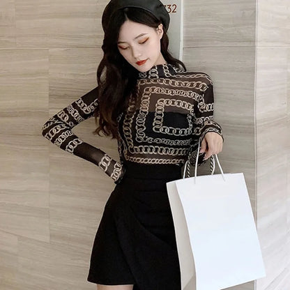 Women's Mesh Tops Sexy Long Sleeve Mock Neck Sheer Blouse Female Fashion See Through Layering Top