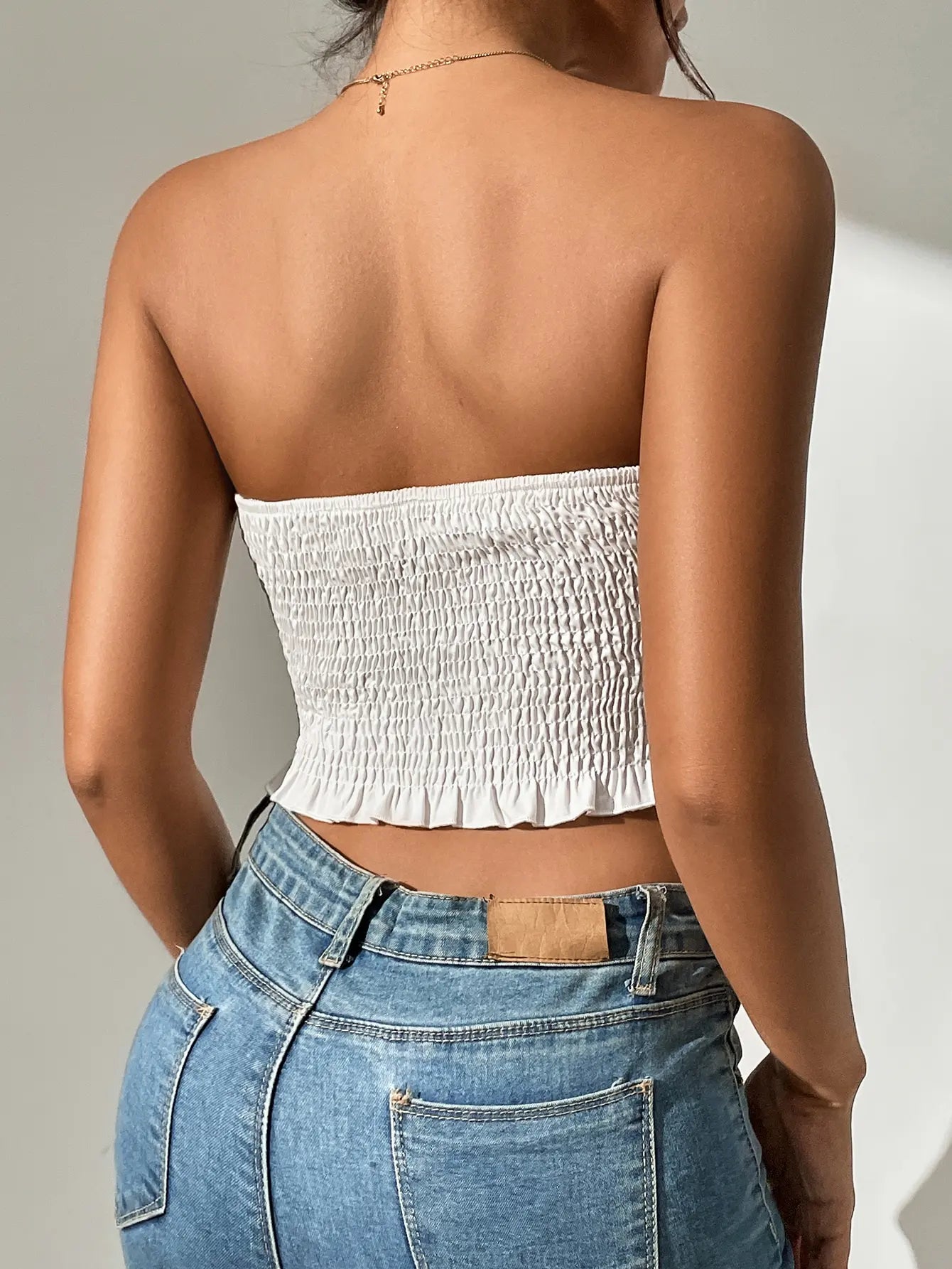 Lettuce Trim Shirred Crop Tube Top Sexy Strapless Top For Summer Women's Clothing