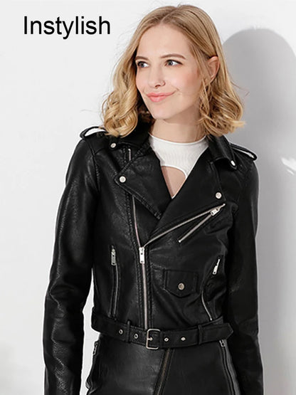 Women's Faux Leather Zipper Jacket - PU Leather, Crop Coat, Motorcycle Biker Outwear