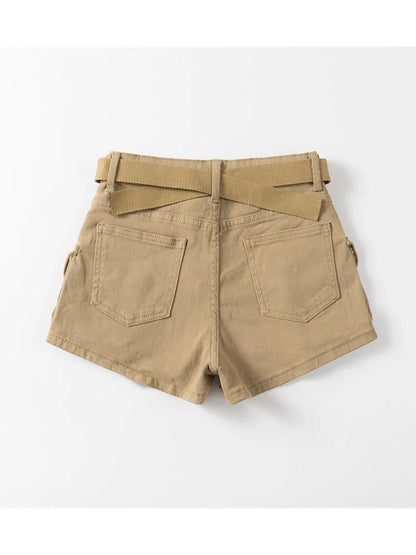 Vintage Women's Denim Shorts High Waisted Pockets Khaki Casual