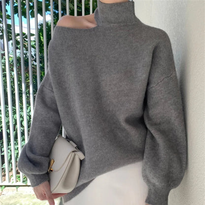 ITOOLIN Autumn Women One Shoulder Hollow Out Sweater Turtleneck Long Sleeve Knit Pullovers Women Loose Causal Sweater Winter