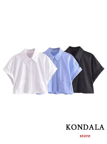 KONDALA New Chic Solid Casual Pockets Short Women Shirt Fashion 2023 Summer Short Sleeve Town-down Collar Streetwear Holiday Top