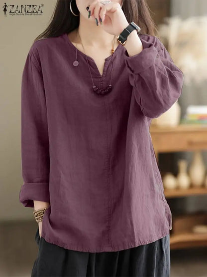 Vintage Women Cotton Blouse Spring V Neck Long Sleeve Tops 2023 ZANZEA Retro Solid Loose Shirt Female Work Tunic Blusas Mujer