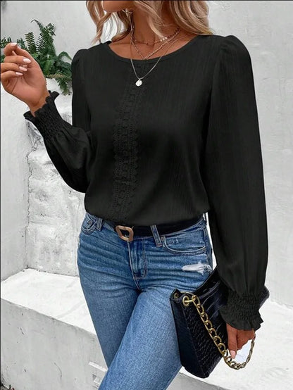 Elegant Women's Long Sleeved Shirt Spring/Summer 2023 Round Neck  Casual Solid Color Blouse Office Lady Clothing S-2XL