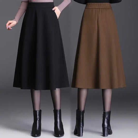 Woolen A-Line Skirt Mid Length Women's Fashion High Waist Pleated