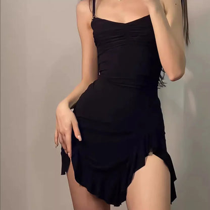 Vintage Black Mini Prom Suspenders Dress Sleeveless Sexy Coquette Dress