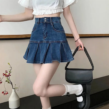 Vintage Blue Denim Pleated Skirt Women's Y2K High