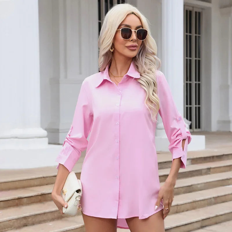 Europe and the United States white shirt women in the long section wind loose sexy pajamas long-sleeved chiffon shirt