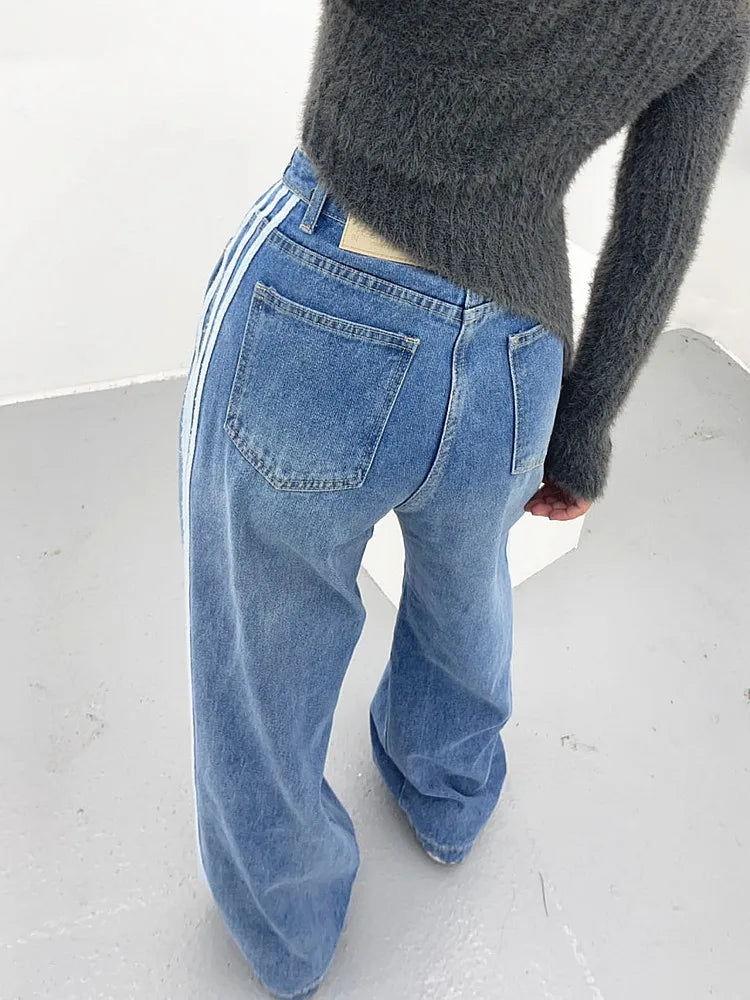 Korean Fashion Washed Blue Stripe Baggy Jeans Goth