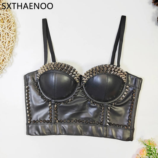 SXTHAENOO New Women Black PU Leather Corset Top Crop Bustier Bra Push Up Bodice Sexy Lingerie With Chest Pad Party Short Clothes