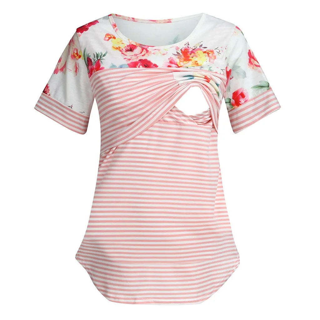 Maternity Nursing Blouses - Floral Stripe Short Sleeve Nursing T-Shirt