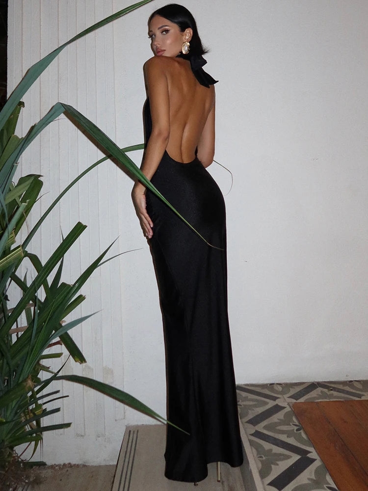 Halter Deep V Neck Backless Sexy Maxi Dress Club