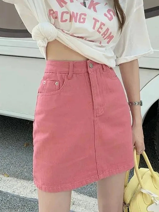 Jmprs Sweet Pink Women's Denim Skirts High Waist Student