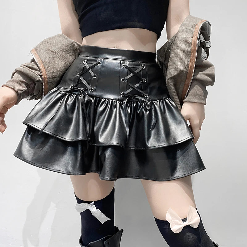 Pu Leather Mini Skirts Punk High Waist Lace Up Bandage Black Pleated