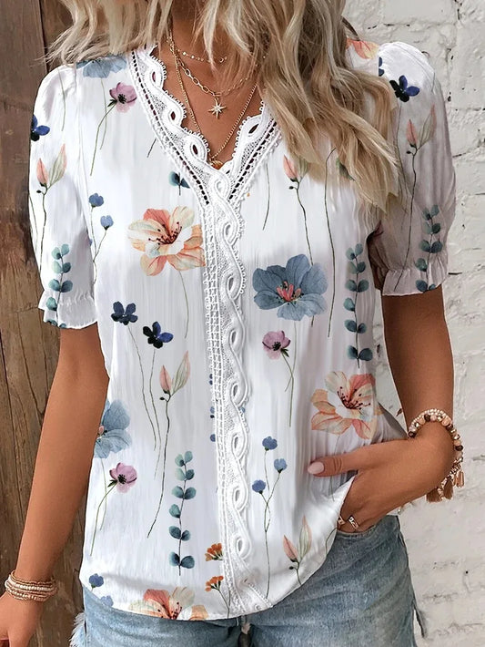 Elegant Blouse Printed Short Sleeve Shirts 2023 Summer Office LadyV Neck Lace Panel Shirt S-XXL