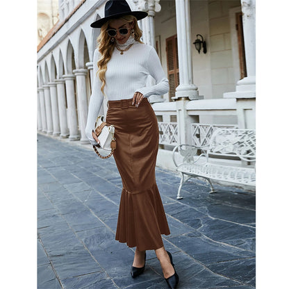 Muslim Fashion Women's Long Pu Leather Skirt High Waist