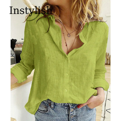 Elegant Cotton Linen Shirts Women Casual Solid Button Lapel Blouses Shirts Autumn Winter Long Sleeve Loose Tops Tunic Blusas