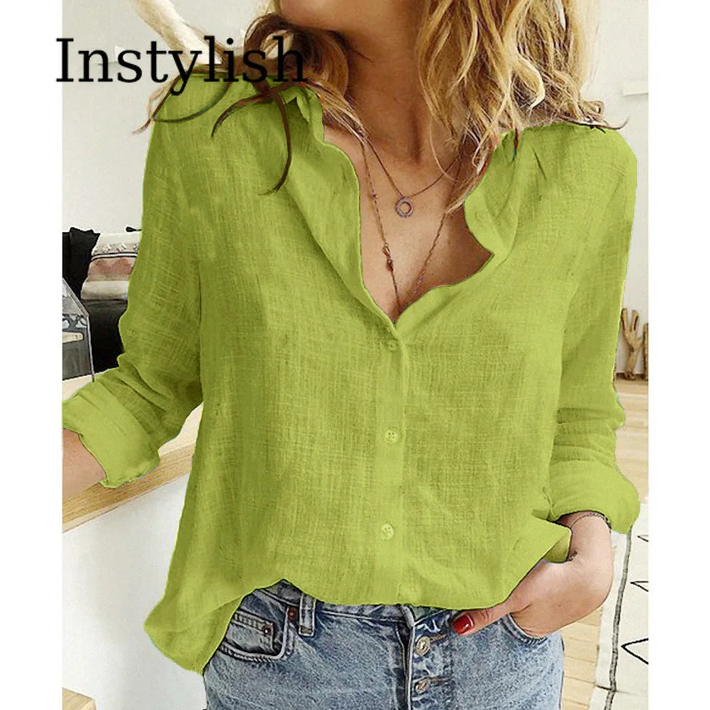 Elegant Cotton Linen Shirts Women Casual Solid Button Lapel Blouses Shirts Autumn Winter Long Sleeve Loose Tops Tunic Blusas