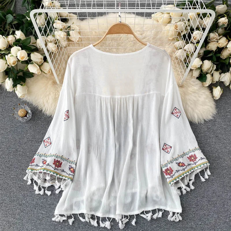 Summer Women's Shirt Bohemian Holiday Style Embroidered Tassel Chiffon Cardigan New Waist Female Slim Short Tops E015