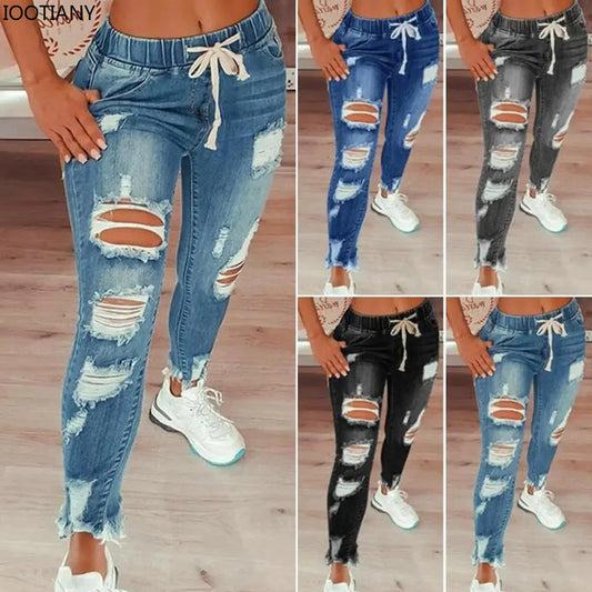 Summer Solid Slim Jeans Women's Elastic Drawstring High Waist