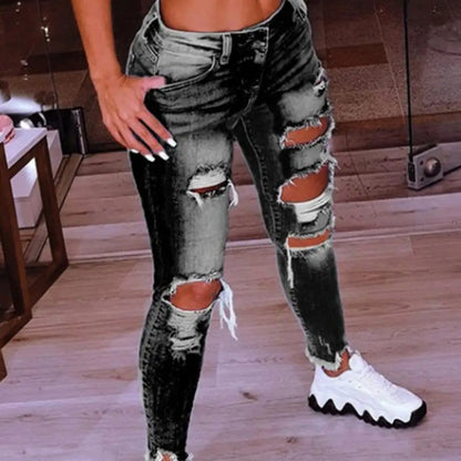 Stylish Trousers Washable Zipper Closure Women's Ripped Holes Skinny Jeans Women