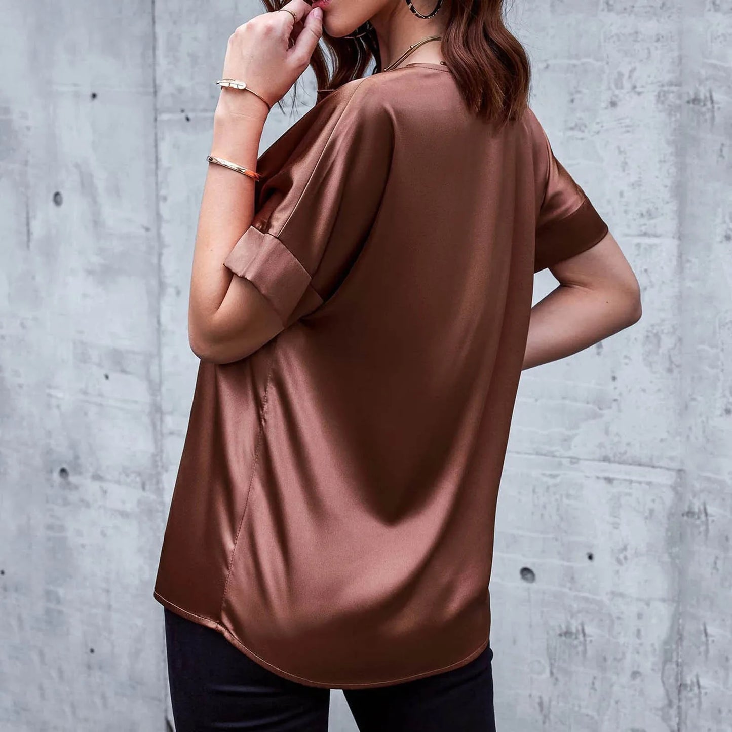 2024 Spring Summer New Women's Satin Shirts Top Solid Color V Neck Short Sleeve Tees Shirt Women Elegant Tees Blouse Streetwear