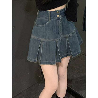 Y2K Vintage Mini Denim Skirt High Waist Pleated Aesthetic