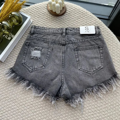 Summer New High Waist Tassel Hole Denim Shorts Women