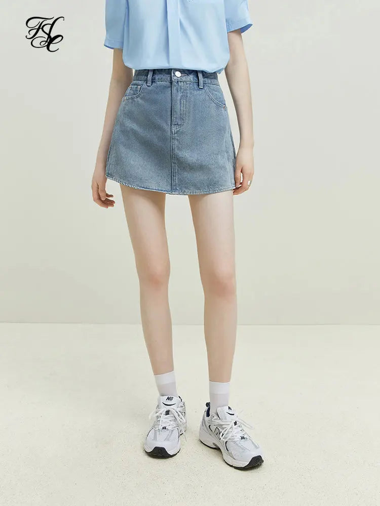 High Waist Women's Denim Blue Skirts Curved Hem Design