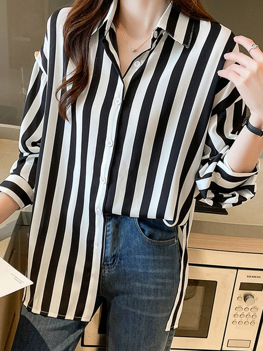 Fashion Black White Striped Print Women's Blouses Casual Long Sleeve Office Lady Blouse Shirts Female Loose Blusas Tops 2024