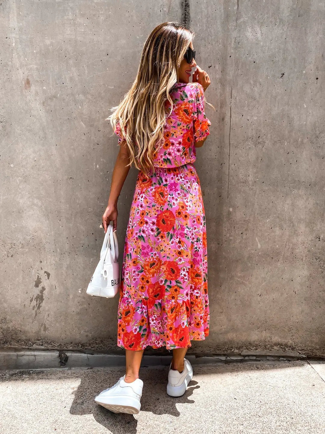 Summer Floral Print Dress Women's V Neck Side Slit Long Dress Elegant Short Sleeve