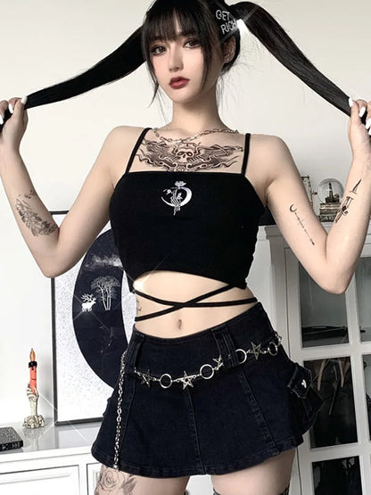 Gothic Women's Print Suspender Sleeveless Square Neck Slim Crop Top Sexy Halter Bottoming Shirt  Girls Party Wear