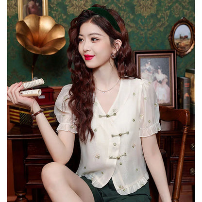 Fashion Summer Short Sleeve V-Neck Women Shirt Embroidery Chiffon Shirt Blouse Women Tops Blusas Mujer De Moda 2024 Verano A93