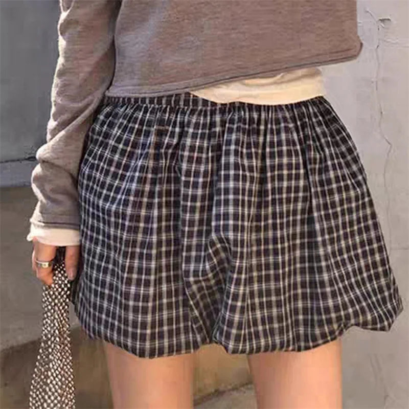 Women's Y2K Plaid Bubble Skirt High Waisted A-Line Pleated Skirt