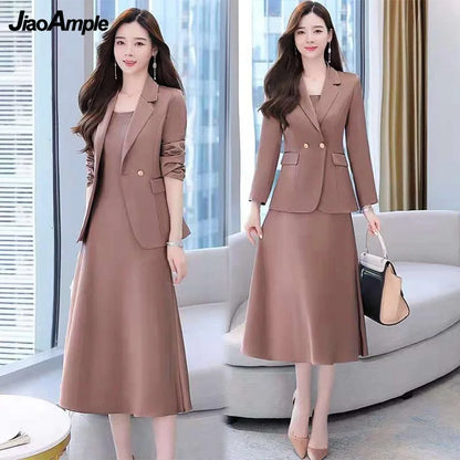 Autumn Winter Suit Jacket Dress Set - Korean Blazers, Suspender Midi Skirt