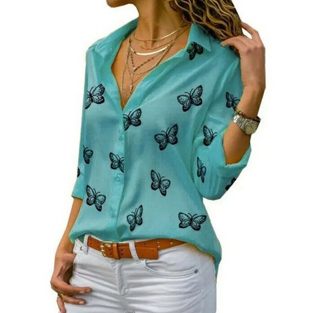 Women Long Sleeve Blouse Oversized Spring Autumn Turn Down Collar Loose Office Lady Casual Butterfly Printing Basic